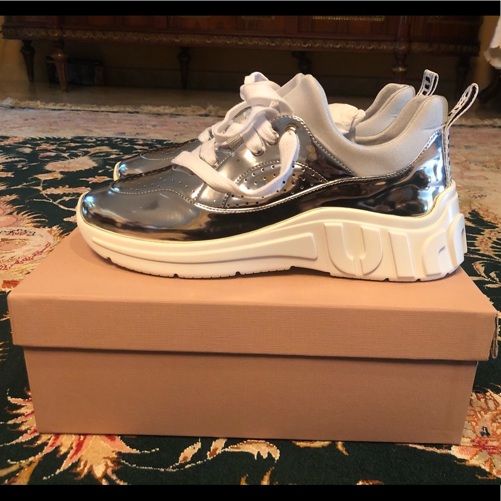 Miu Miu Womens’s Metallic Silver Sneakers